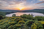 Frankreich, Ardeche, Le Lac d'Issarles, Sonnenuntergang am Issarles-See, Parc naturel regional des Monts d'Ardeche (Regionales Naturschutzgebiet der Berge von Ardeche)
