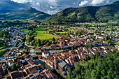 France, Pyrenees Atlantiques, Basque Country, Saint Jean Pied de Port, the Pont Vieux over the Nive of Beherobie river and Notre Dame du Bout du Pont church (aerial view)