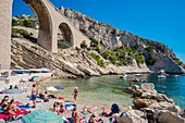 France, Bouches du Rhone, Marseille, the blue coast, the calanque of the Vesse and the viaduct of the railway
