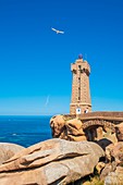 France, Cotes d'Armor, Pink Granite Coast, Perros-Guirec, on the Customs footpath or GR 34 hiking trail, Ploumanac'h or Mean Ruz lighthouse