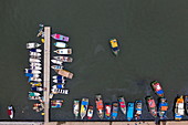 Aerial view of fishing boats on pier, Paraty, Rio de Janeiro, Brazil, South America