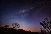 Sternenhimmel und Milchstrasse vor Bäumen in der frühen Dämmerung, Lake Argyle, Western Australia, Australien