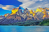 Cuernos del Paine (Horns of Paine) and Lake Pehoe, Torres del Paine National Park, Chile, South America
