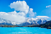 Ansicht der Hörner der Paine-Berge und des Pehoe-Sees, Nationalpark Torres del Paine, Chile, Südamerika