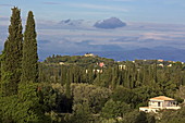 Blick über die Landschaft östlich von Pelekas, Insel Korfu, Ionische Inseln, Griechenland