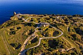 France, Calvados, Cricqueville en Bessin, Pointe du Hoc, ruins of German fortifications and bomb holes made by the Normandy landings of June 6 1944 during the Second World War (aerial view)