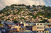Martinique, Fort de France, bei Sonnenaufgang mit Blick auf eine der beliebtesten Gegenden der Stadt: Trenelle auf einem der Hügel mit Blick auf die Stadt