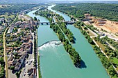 France, Ain, Sault Brenaz, threshold on the Rhone, central Porcieu Amblagnieu on the right (aerial view)