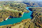 Frankreich, Ain, Injoux Genissiat, um den Genissiat-Damm an der Rhone (Luftaufnahme)