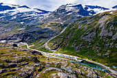 Trollstigen Gebirgsstraße aus der Luft, Norwegen, Skandinavien, Europa