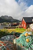 Fischernetze in Sorvagen, Moskenesoya, Lofoten, Nordland, Norwegen