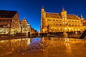 Market square of Rothenburg ob der Tauber with town hall at the blue hour, Middle Franconia, Bavaria, Germany