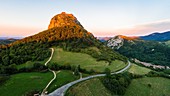 France, Ariege, Pays d'Olmes, Cathar castle of Montsegur perched on a pog (aerial view)