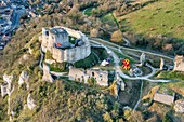 Frankreich, Eure, Les Andelys, Château Gaillard, Festung aus dem 12. Jahrhundert, erbaut von Richard Coeur de Lion, Seine-Tal (Luftaufnahme)