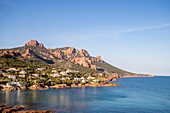 France, Var, Saint Raphael, Esterel Corniche, Creek of Antheor, in the background the Esterel massif and the peaks of the Cap Roux