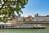 France, Paris, area listed as World heritage by UNESCO, Ile de la Cite, Bateau Mouche and Notre Dame Cathedral in the background