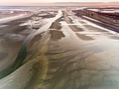 France, Somme, Baie de Somme, La Mollière d'Aval, flight over the Baie de Somme near Cayeux sur Mer, here the shoreline consists of the pebble cord that extends to the cliffs of Ault and at low tide the sandbanks extend to view