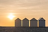 France, Somme, Cayeux sur Mer, the beach cabins on the longest boardwalk in Europe
