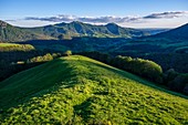 France, Cantal, Regional Natural Park of the Auvergne Volcanoes, monts du Cantal, Cantal mounts, vallee de Mandailles (Mandailles valley), puy of Usclade and puy of Elanceze