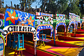 Colourful boats on the Aztec canal system, UNESCO World Heritage Site, Xochimilco, Mexico City, Mexico, North America