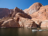 Small pleasure boat in Forbidding Canyon, a narrow arm of Lake Powell, Glen Canyon National Recreation Area, Utah, United States of America, North America