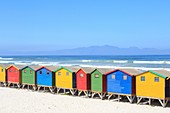 South Africa, Western Cape, Colorful Beach Huts from Muizenberg Beach in Cape Town 