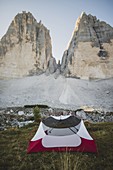 Italy,South Tirol,Sexten Dolomites,Tre Cime di Lavaredo,Tent in front of rock formations