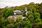 View over the Rhine to Rolandsbogen with the vineyard in front, Rolandseck, Rhineland-Palatinate, Germany