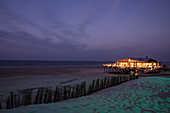 Sjoerd Strandpavillon restaurant and North Sea coast at dusk, near Nes, Ameland, West Frisian Islands, Friesland, Netherlands, Europe