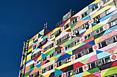 Architectural detail of a colourful painted apartment building in the hipster Leninsky district near Oktyabrskaya Street, Minsk Belarus