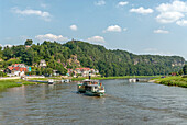 Steamship on the Elbe in front of the landing stage of the health resort Rathen, Saxon Switzerland, Saxony, Germany