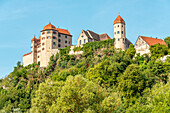Aussicht auf Burg Harburg im Sommer, Schwaben, Bayern, Deutschland