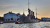 View from the Neva to the Admiral - Nachimov (Nakhimow) - naval school and armored deck cruiser Aurora on Petrovskij Ufer in St. Petersburg, armored cruiser Aurora, Great Neva, Neva, Neva, Nevka, Russia, Europe