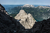 View from the Watzmann east face to the Kleiner Watzmann and the Hohen Göll behind it, Berchtesgaden Alps, Bavaria, Germany