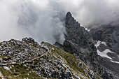 The north ridge to the Blaueisspitze in the fog, Berchtesgaden Alps, Bavaria, Germany