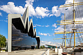 Glasgow Riverside Museum by architect Zaha Hadid, Glenlee sailing ship, Glasgow, Scotland UK