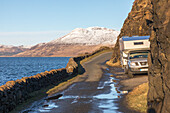 Campervan, traveling by camper, four wheel drive bimobile, single track coastal road, Mull, West Coast, Scotland UK