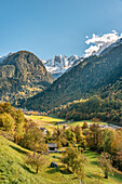 Blick von Soglio auf das Dorf Bondo im Bergell, Graubünden, Schweiz, mit dem Piz Cengalo im Hintergrund