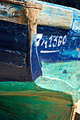 detail of a boat in the harbor of Essouira, Morocco