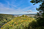 View of Rheineck Castle, the Rhine Valley and the Siebengebirge, Bad Breisig, Rhineland-Palatinate, Germany