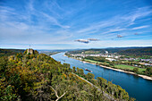 Blick auf die Burg Rheineck, das Rheintal und das Siebengebirge, Bad Breisig, Rheinland-Pfalz, Deutschland