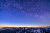 Starry sky and Milky Way over Bavarian and Chiemgau Alps, from the Rotwand, Spitzing area, Bavarian Alps, Upper Bavaria, Bavaria, Germany