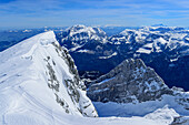 Deep view of snow-covered Watzmannkar and Kleiner Watzmann, from Watzmann, Berchtesgaden Alps, Berchtesgaden National Park, Upper Bavaria, Bavaria, Germany