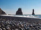 Reynisfjara beach with Reynisdrangar basalt needles at Vik, Myrdalur, southern Iceland, Europe