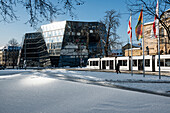 Winter mood with snow, university library, Freiburg im Breisgau, Black Forest, Baden-Württemberg, Germany