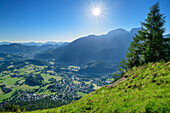 Tiefblick vom Grünstein auf Berchtesgadener Talkessel und Hohen Göll, Grünstein, Salzalpensteig, Berchtesgadener Alpen, Oberbayern, Bayern, Deutschland