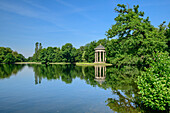 Pavillion Monopterus reflected in Lake Badenburg, Nymphenburg Palace Park, Munich, Upper Bavaria, Bavaria, Germany