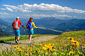 Mann und Frau wandern auf Weg durch Blumenwiese, Nockberge, Nockberge-Trail, UNESCO Biosphärenpark Nockberge, Gurktaler Alpen, Kärnten, Österreich