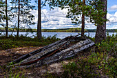 Old weathered wooden boat in Patvinsuo National Park, Finland
