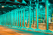 Green illuminated railway underpass, Hansaring, Cologne, North Rhine-Westphalia, Germany, Europe